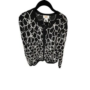 Talbots Womens Black White Abstract Swirl Cotton Knit Button Front Cardigan S